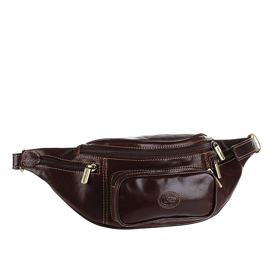 Angled view of the dark brown Italico 8018 belt bag — antique brass Tony Perotti branded pullers