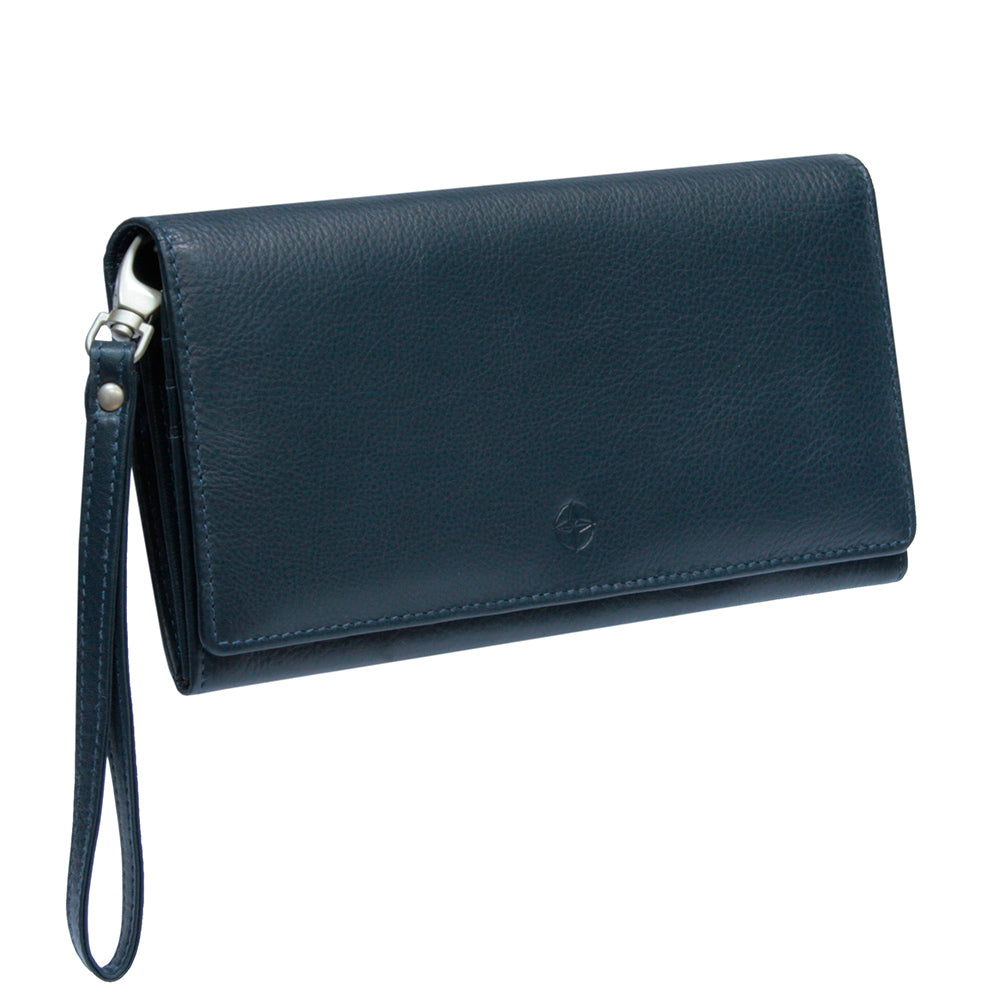 Navy Tony Perotti Cortina 5066 clutch wallet standing at a three-quarter angle with the wrist strap hanging from the hook