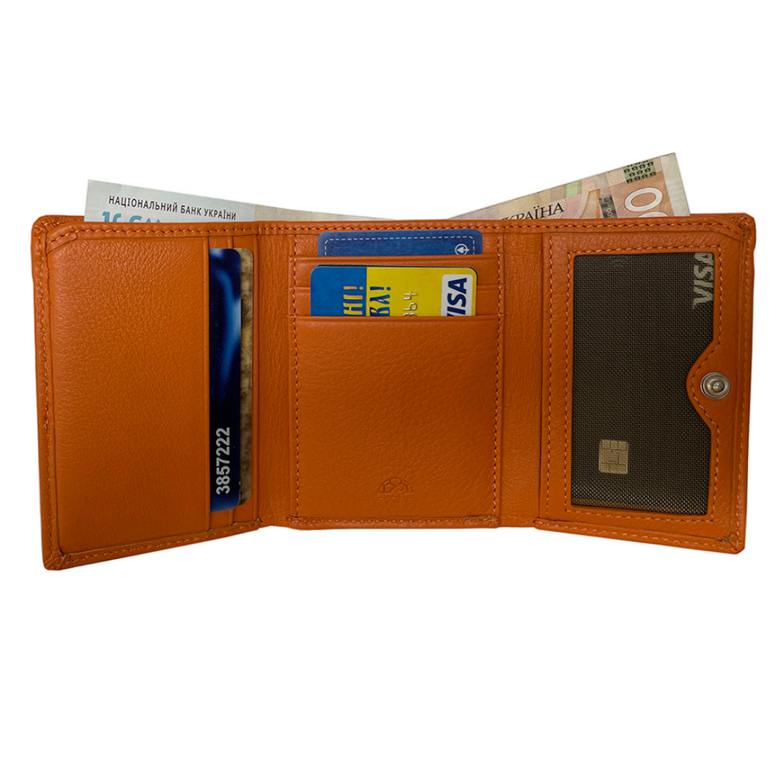 Open orange Tony Perotti trifold wallet with card slots, ID window and banknotes