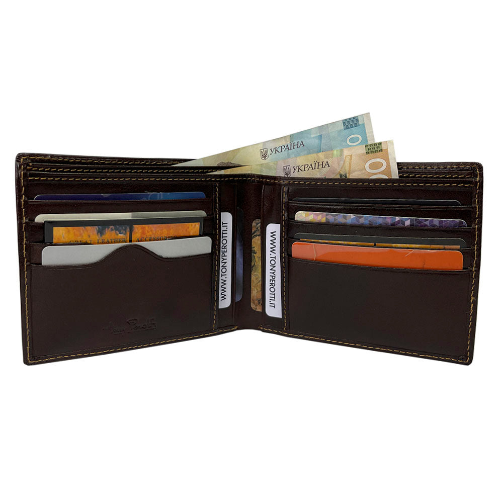 Tony Perotti Italico 537 moro wallet open with cards, documents and banknotes