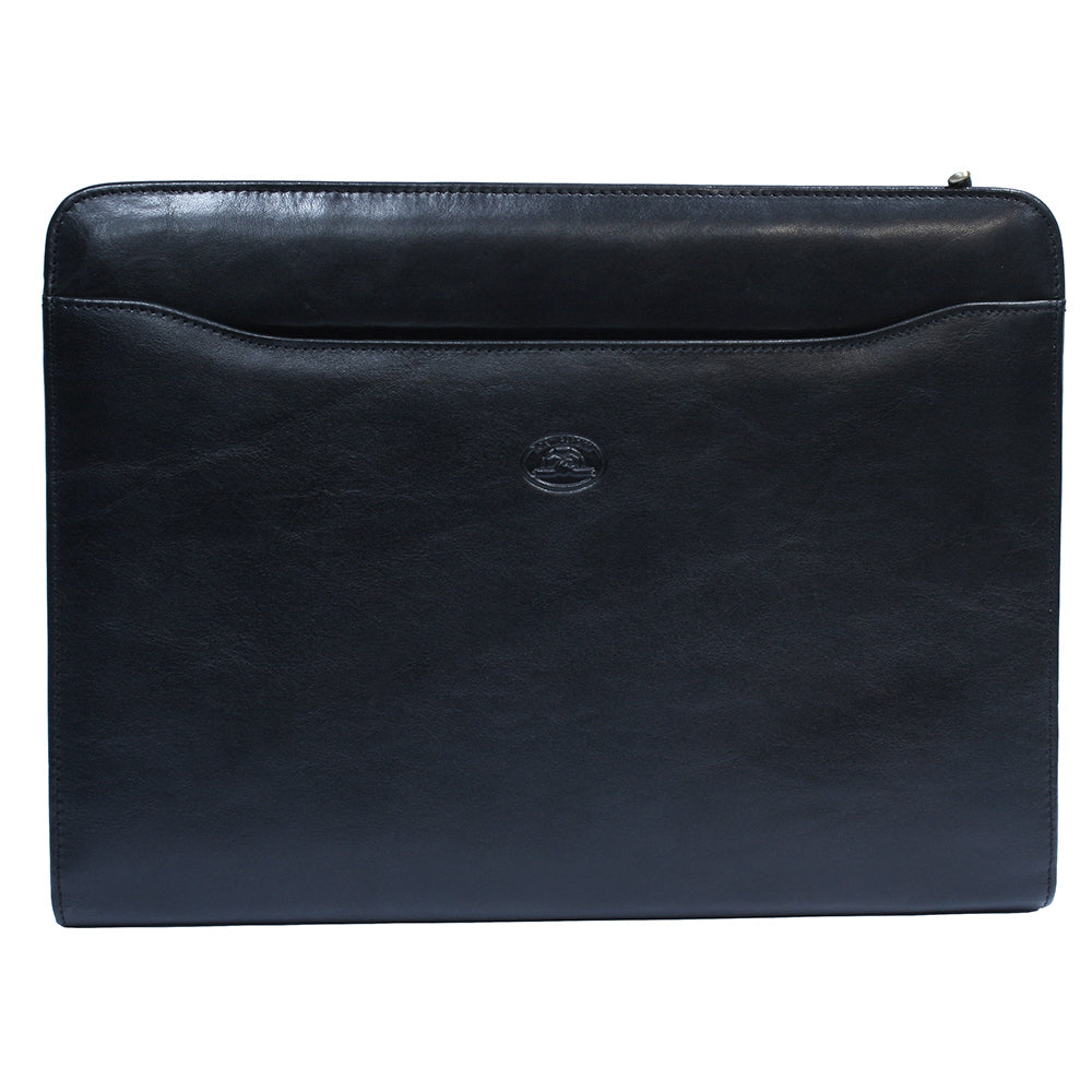Tony Perotti Italico 1278L black leather A4 padfolio — front with a full-width open pocket and the embossed turtle emblem
