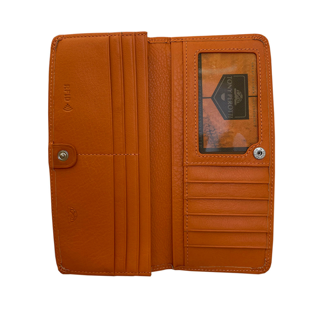 Open Tony Perotti orange RFID wallet with 12 card slots and ID window