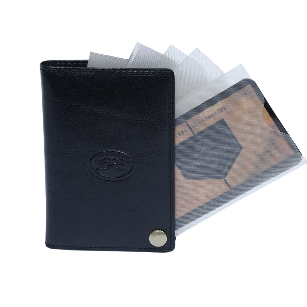 Black leather business card holder with removable sleeve insert fanned out — Tony Perotti Italico 2028 nero