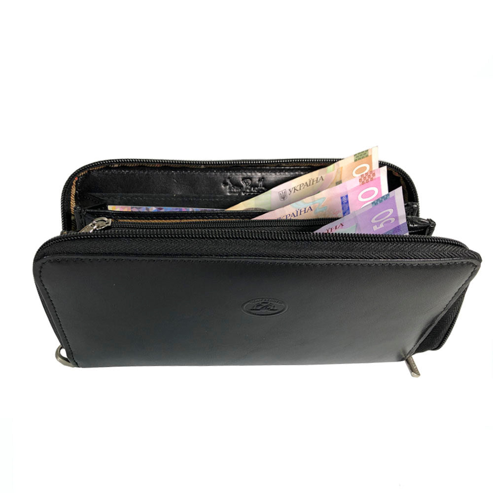 Black Italico 3528-21 opened from the top — banknotes in the two zip compartments