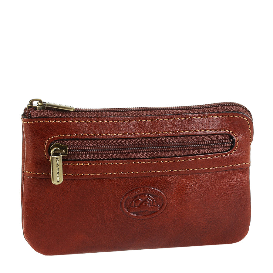 Cognac leather key pouch, angled view with branded brass zip pulls — Tony Perotti Italico 359 cognac