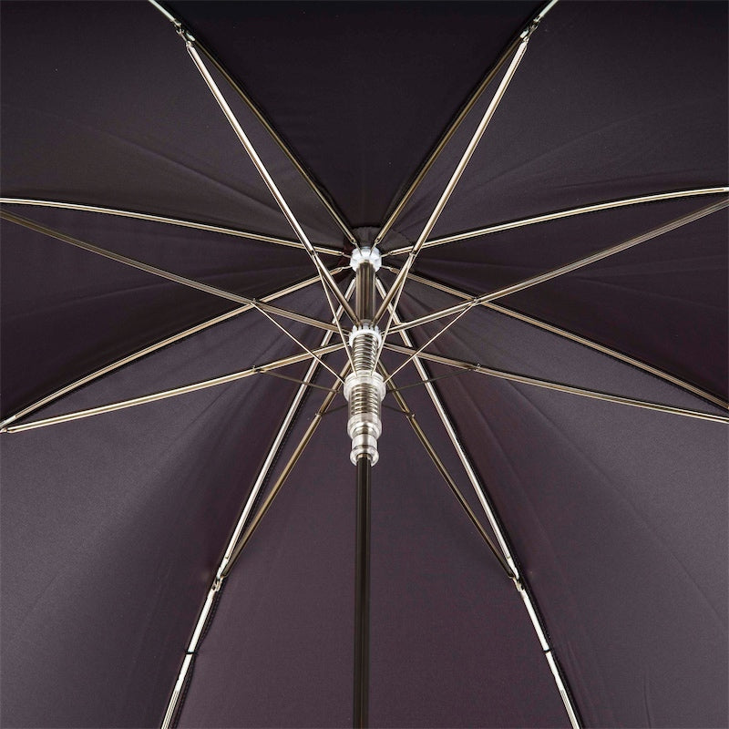 Underside of the burgundy canopy with eight silver-tone ribs