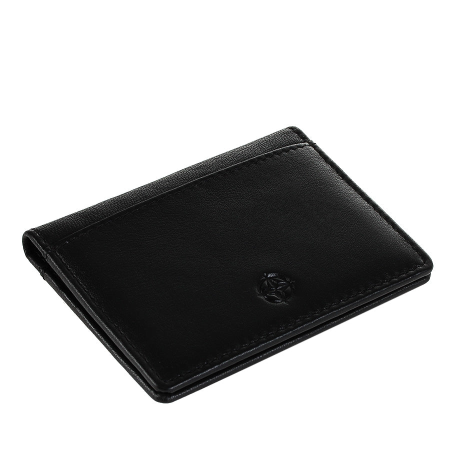 Tony Perotti Cortina 5046 nero — standing at an angle, showing how flat the folded wallet stays