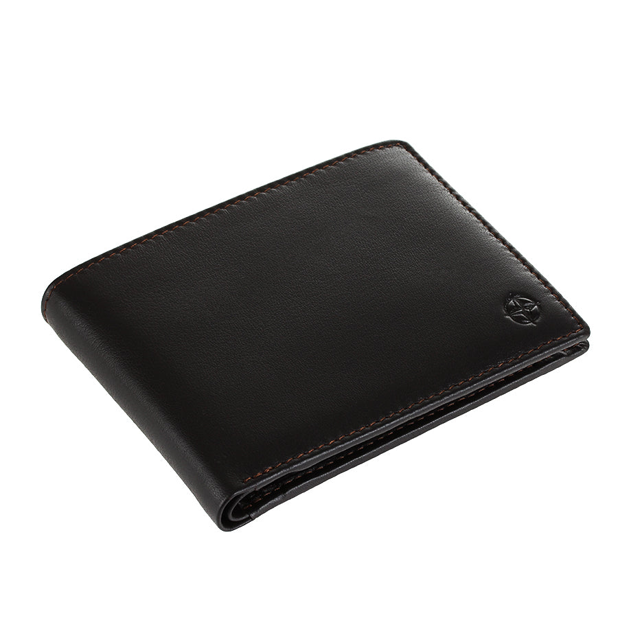 Dark brown Tony Perotti Cortina 5013 wallet lying closed, seen from above — the fold and the slim profile