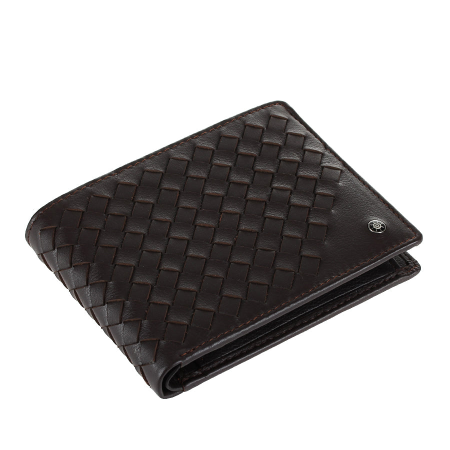 Tony Perotti Timone intrecciato 12013 moro dark brown woven leather bifold wallet lying closed, angled view