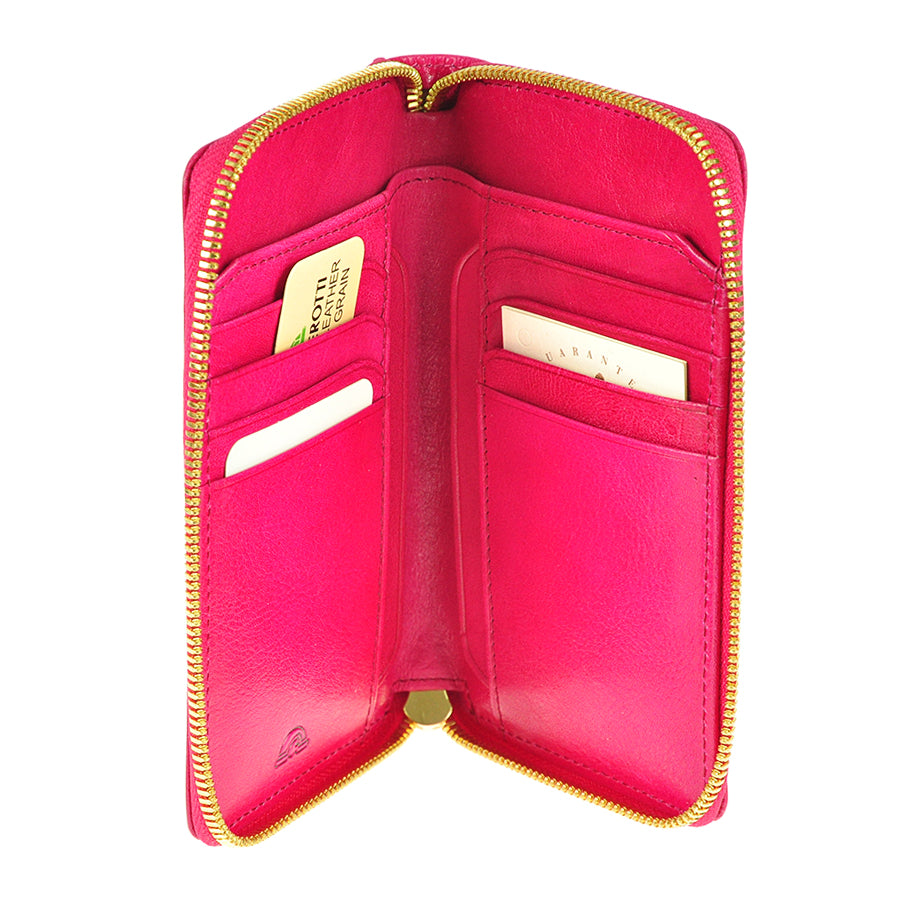 Topkapi zip-around wallet open showing card slots on both sides and gold-tone zip