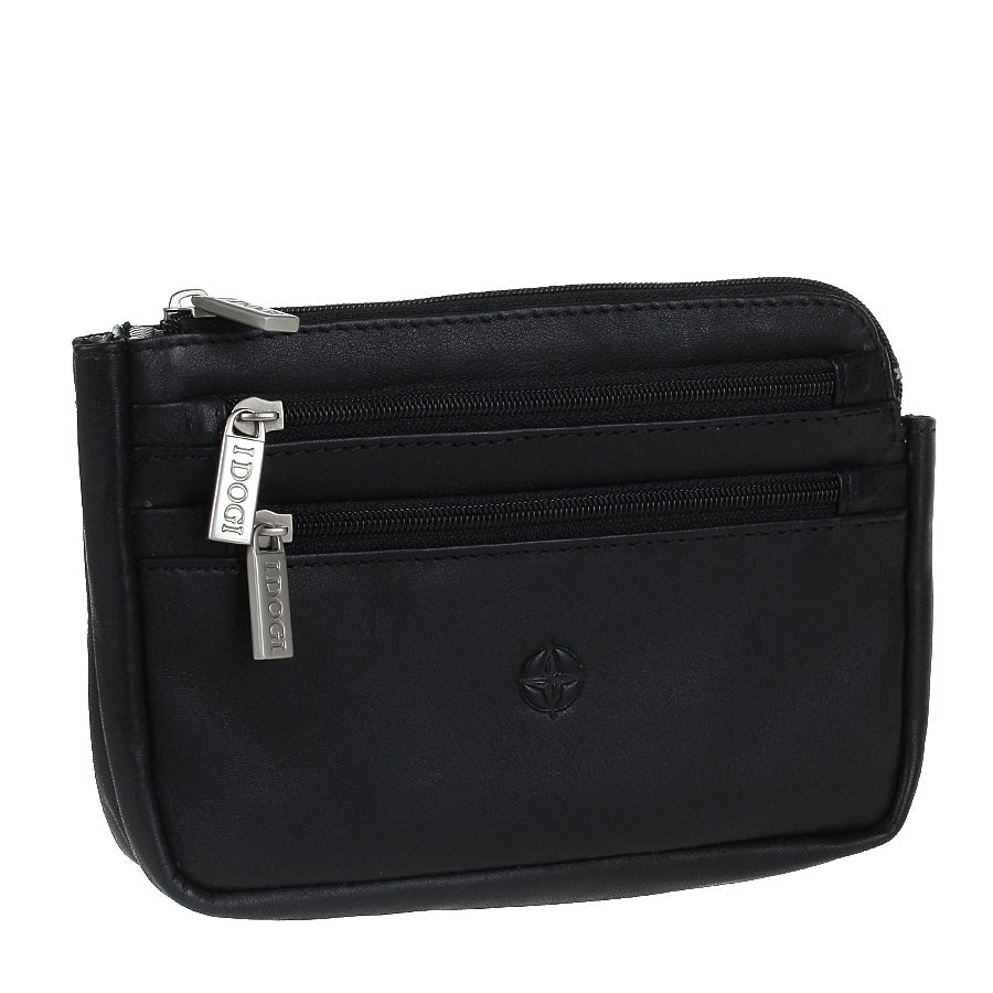 Angled view of the black Cortina 6014 belt bag — the top zip of the main compartment and the metal pullers