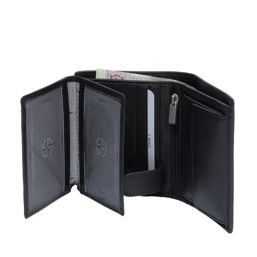 Tony Perotti Cortina 5054 nero opened with the flip-out document panels swung out — a zipped pocket down the middle and a banknote in the compartment behind