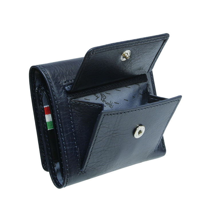 Tony Perotti Nevada 3811+RFID navy wallet at an angle with the back coin pocket open