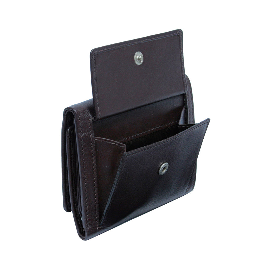 The back coin pocket of the dark brown Tony Perotti Cortina 5063 wallet unsnapped and spread open
