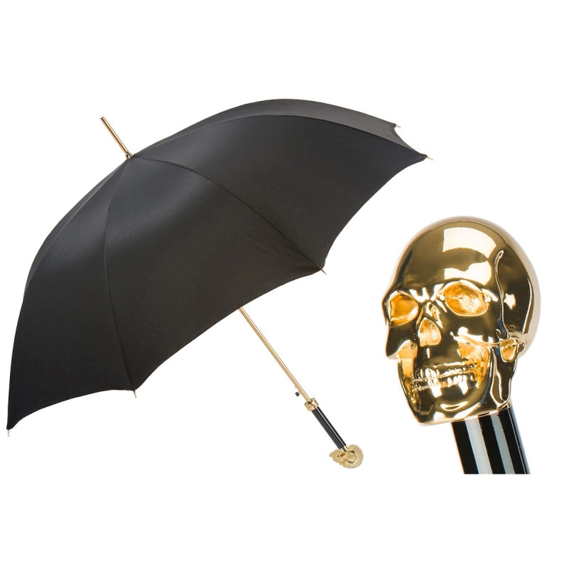 Pasotti men's black umbrella with gold-tone skull handle, open, with a close-up of the handle — 479 Oxf-18 W33