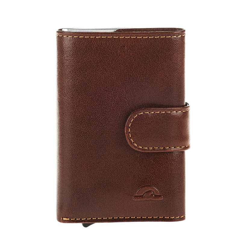 Dark brown leather RFID card holder Tony Perotti Nevada 3768 moro — front with leather tab and turtle emblem