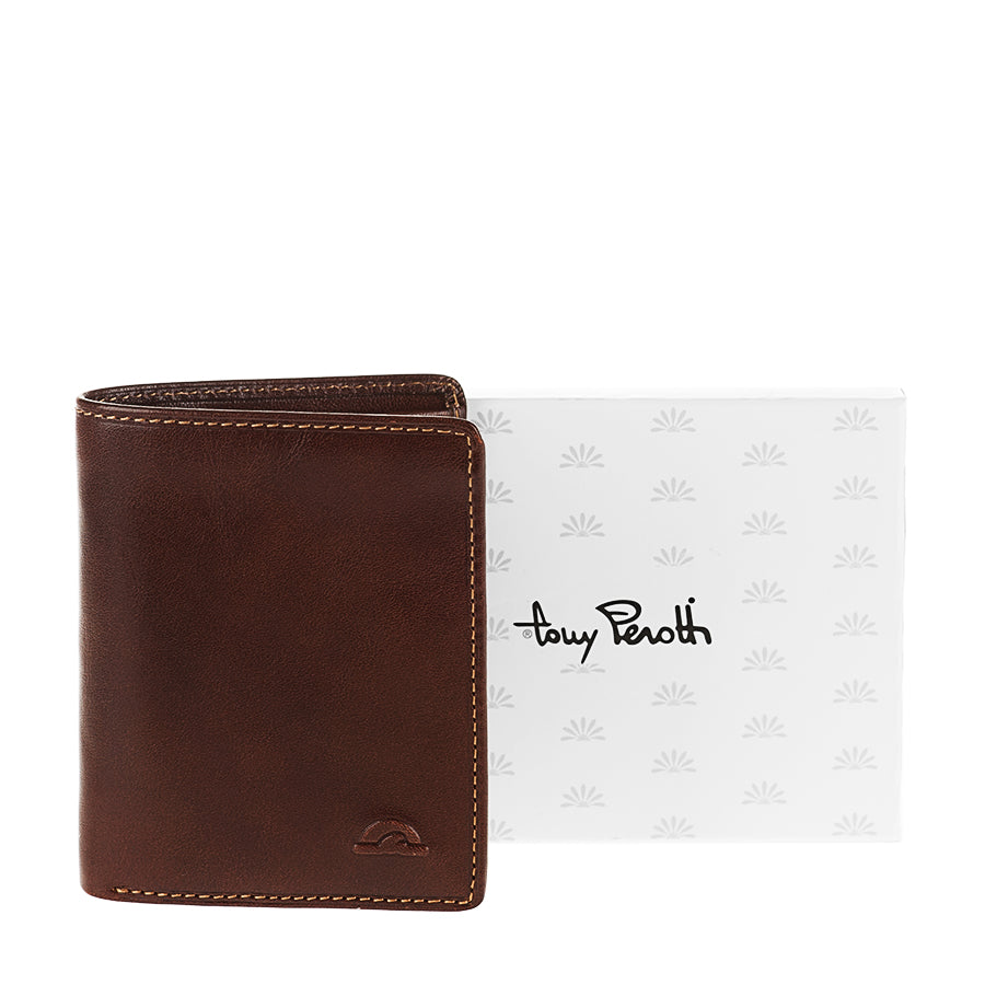 Tony Perotti Nevada 3774 moro dark brown leather wallet next to its white Tony Perotti gift box