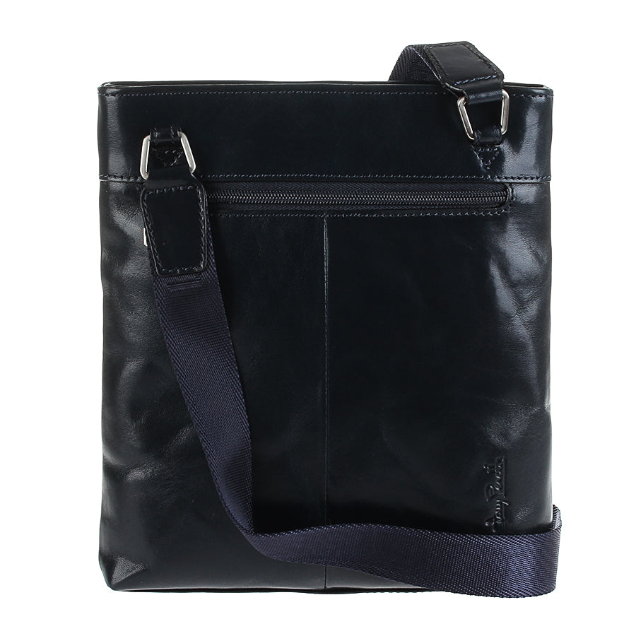 Back of the navy Italico 6048 crossbody bag — rear flat zip pocket, navy jacquard strap and embossed Tony Perotti signature