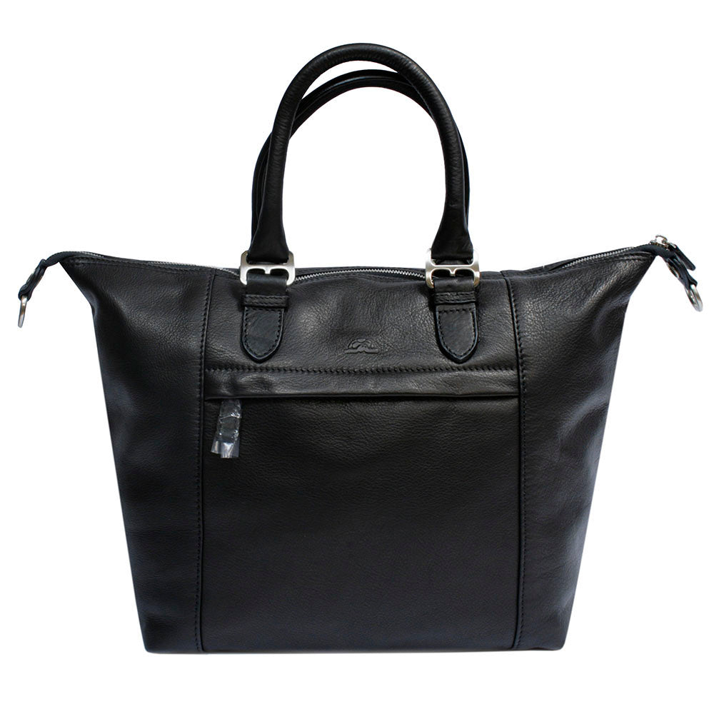 Tony Perotti Contatto 9217-31 nero black leather handbag in the open trapeze setting — front view with the zip pocket and embossed Tony Perotti emblem