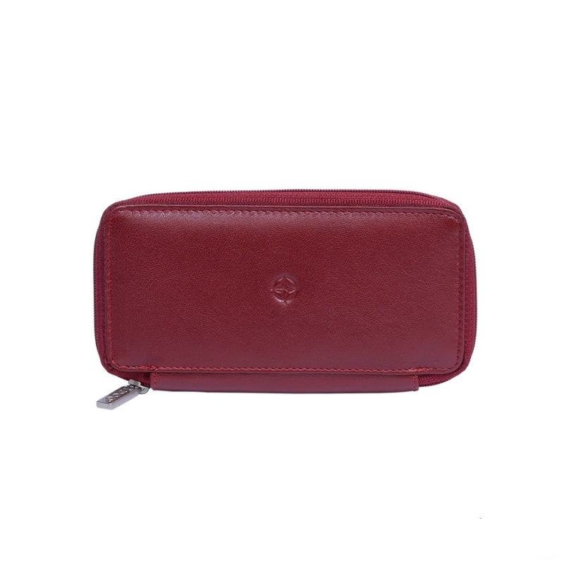 Tony Perotti Cortina 5026 rosso — red leather zip-around key case closed, compass-rose emblem embossed on the front