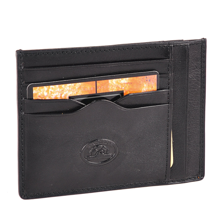 Black leather card holder angled front view with card slots — Tony Perotti Italico 2171 nero