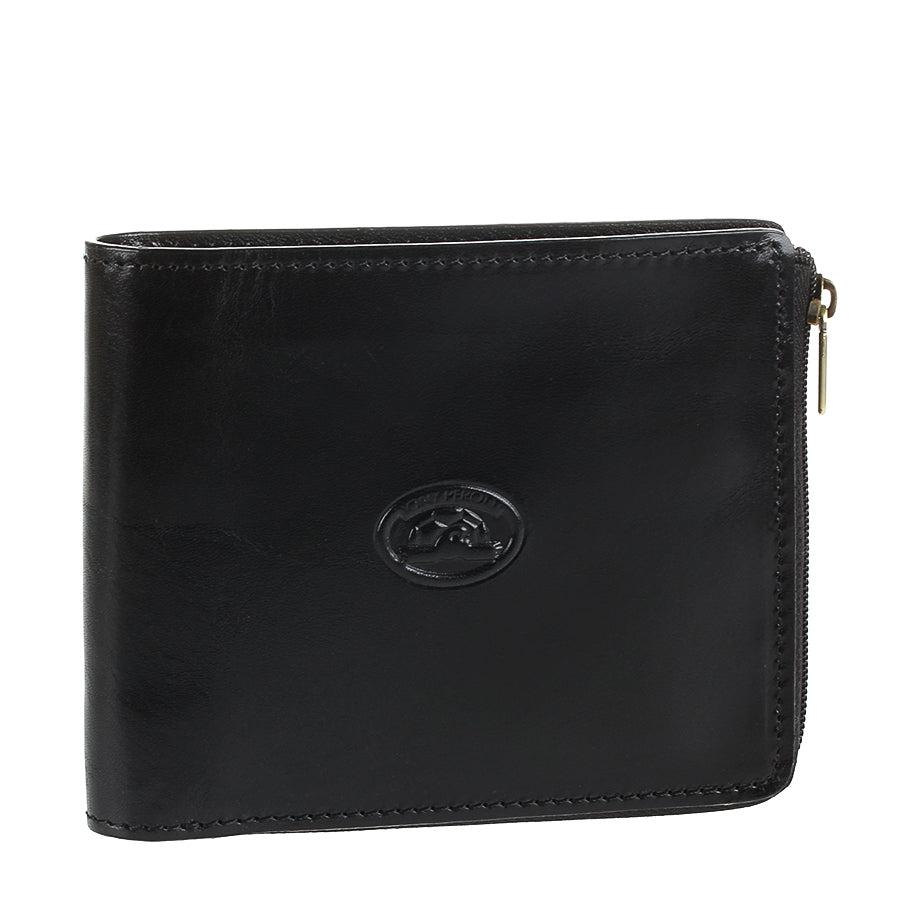 Tony Perotti Italico 3645 nero black leather bifold wallet at an angle with zip pull on the side
