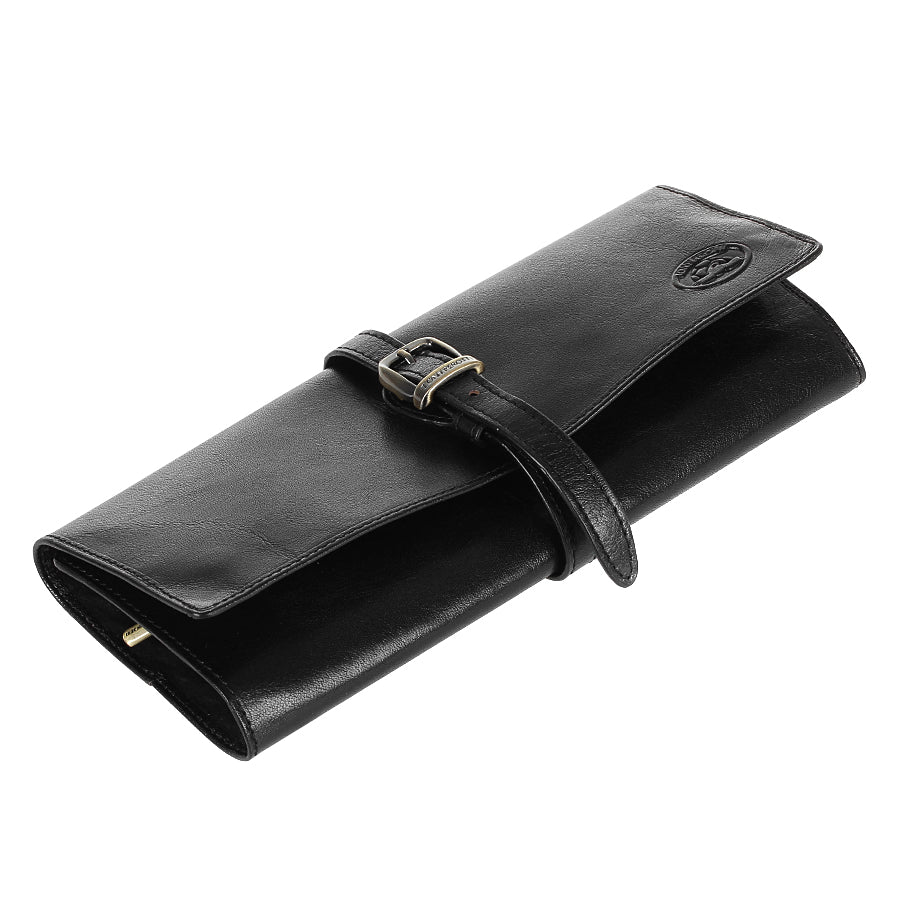 Top view of the closed black Tony Perotti Italico 1286 nero jewelry case with a zip puller at the end