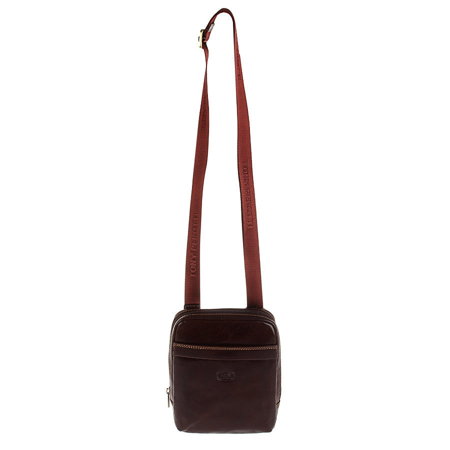 Tony Perotti Italico 6056 dark brown crossbody bag on the adjustable light brown jacquard strap with Tony Perotti lettering