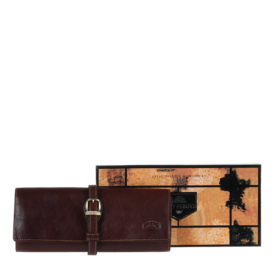 Dark Brown leather jewelry case Tony Perotti Italico 1286 moro next to its branded gift box