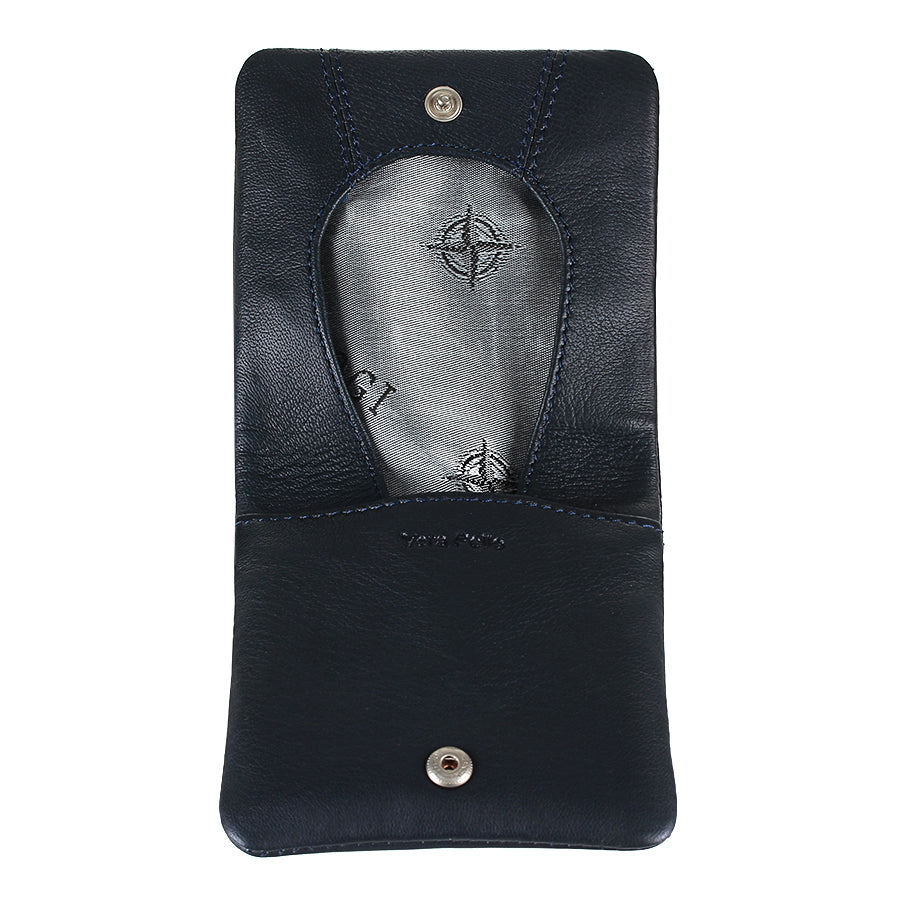 Navy Tony Perotti Cortina 5080 navy coin pouch opened flat — silver-grey lining printed with compass roses and the two snaps