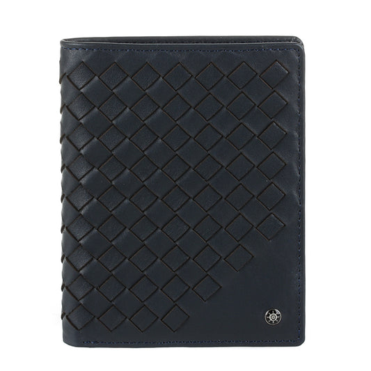 Tony Perotti Timone intrecciato 12050 navy navy woven leather vertical wallet, front with ship's wheel plate