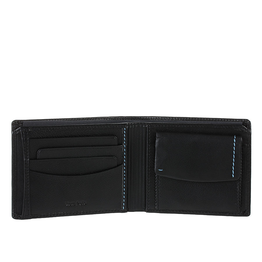 Open Tony Perotti Timone 11013P black wallet with card slots, Vera Pelle stamp and flap coin pocket
