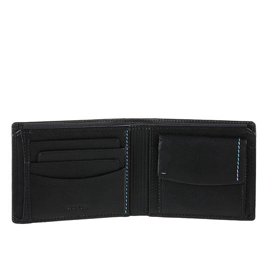Open Tony Perotti Timone 11013P black wallet with card slots, Vera Pelle stamp and flap coin pocket