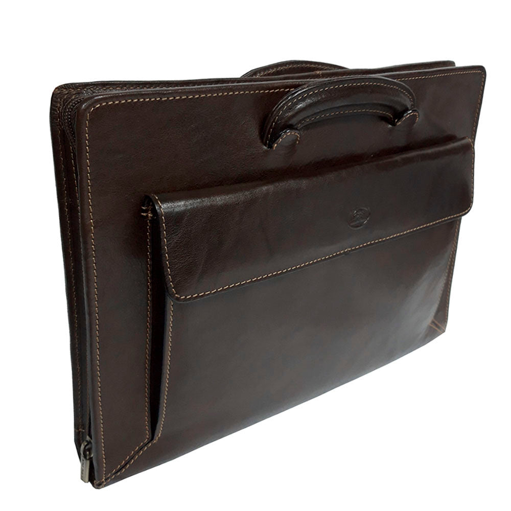 Angled view of the dark brown Italico 8232 — zip running around the case and wide front flap pocket