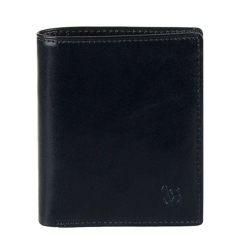 Tony Perotti Viasorte 1165 navy leather compact wallet, front with debossed VS monogram