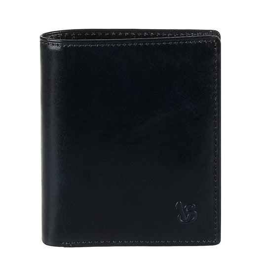 Tony Perotti Viasorte 1165 navy leather compact wallet, front with debossed VS monogram