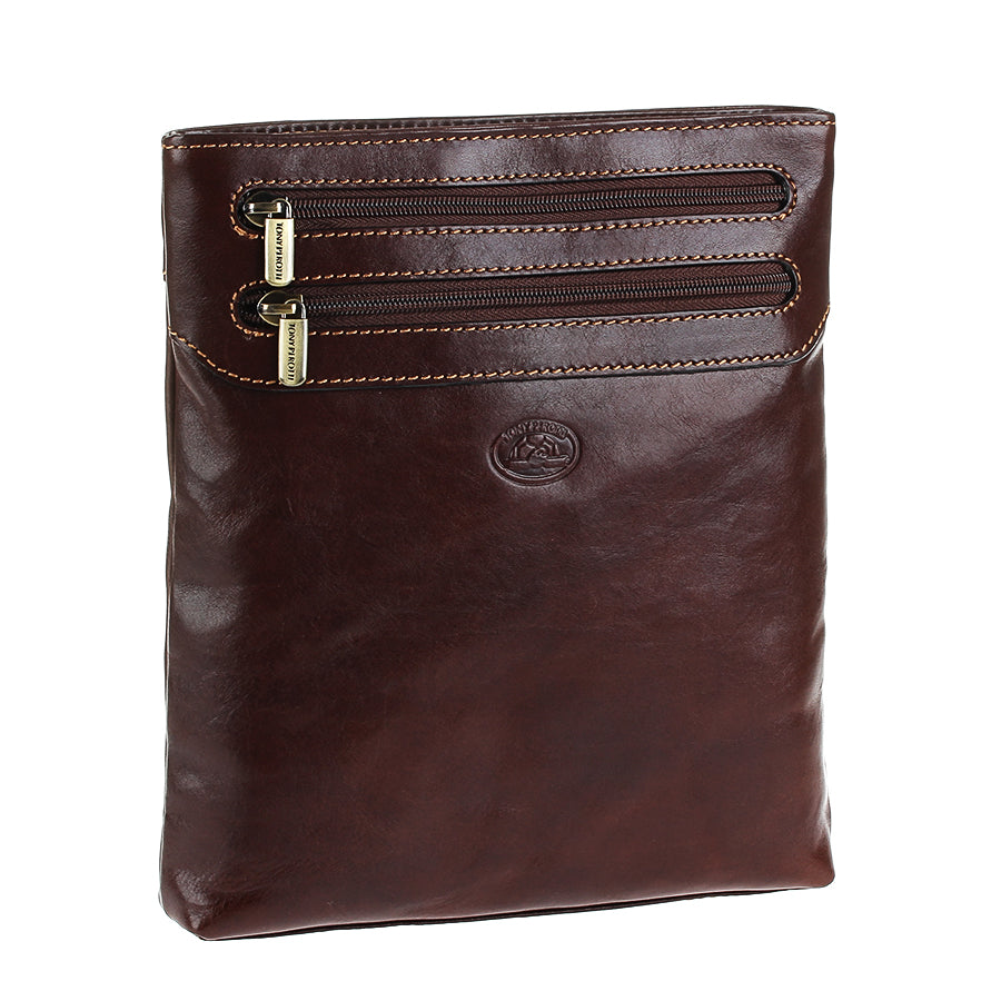 Angled view of the Tony Perotti Italico 6048 dark brown crossbody bag — glossy bull leather with light-beige stitching