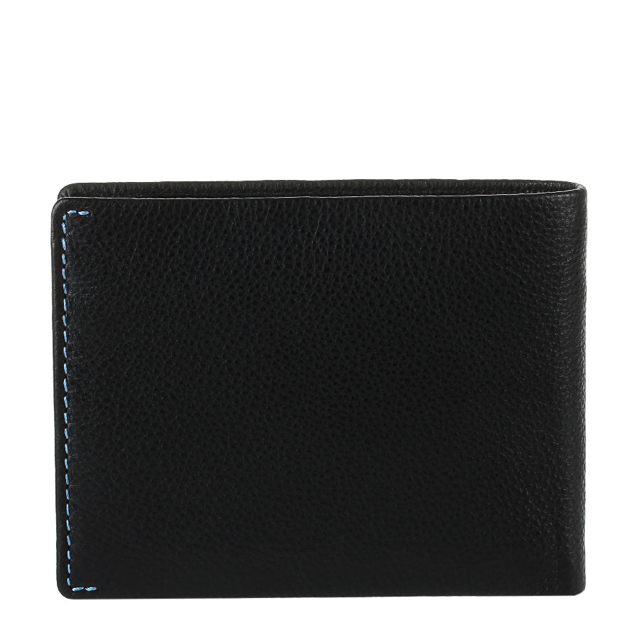 Tony Perotti Timone 11013G black leather bifold wallet, back view with light blue contrast stitching