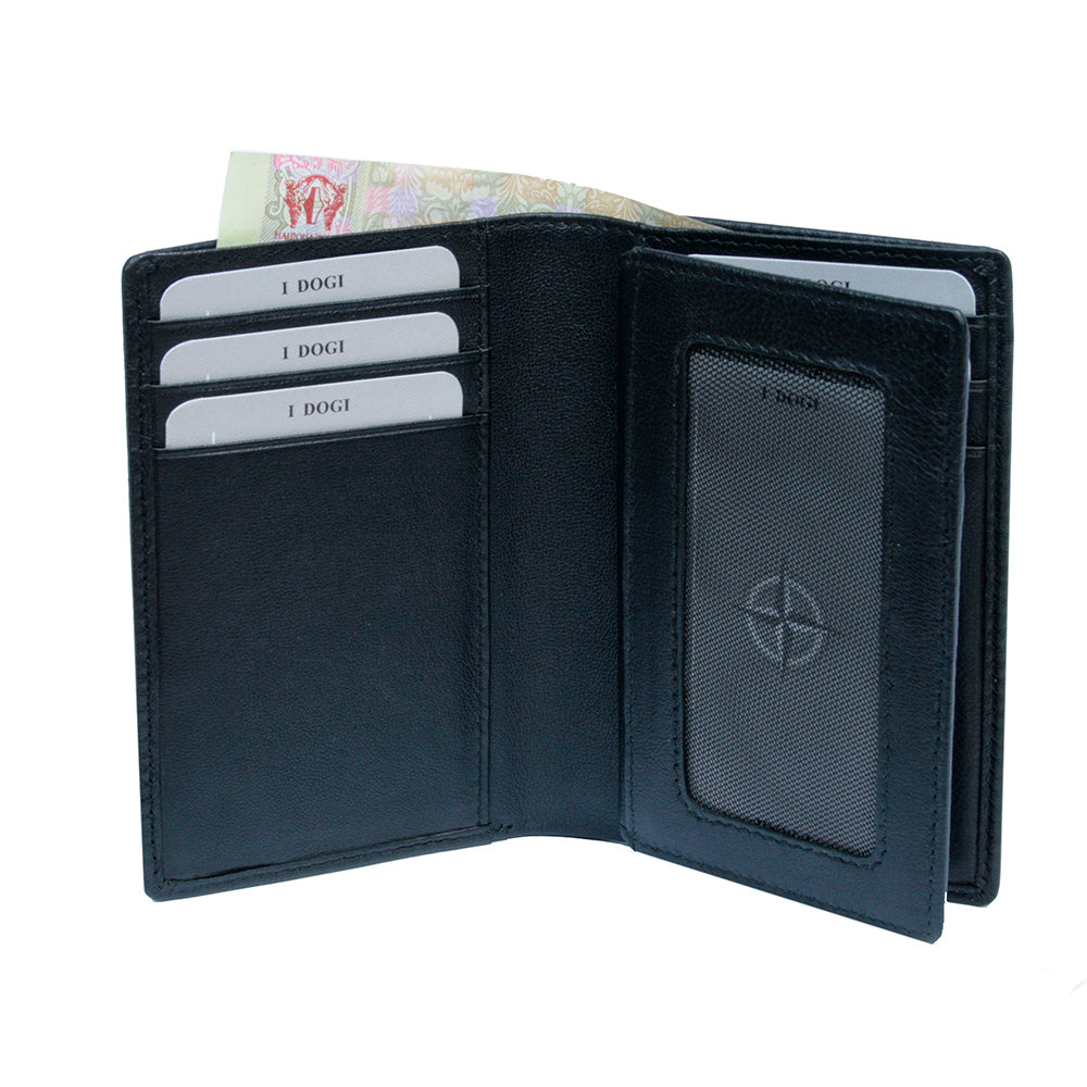 Black Cortina 5065 card wallet open showing card slots, ID window and banknote section