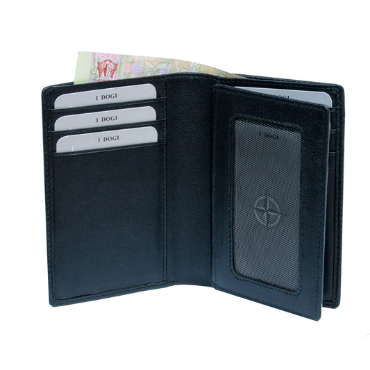 Black Cortina 5065 card wallet open showing card slots, ID window and banknote section