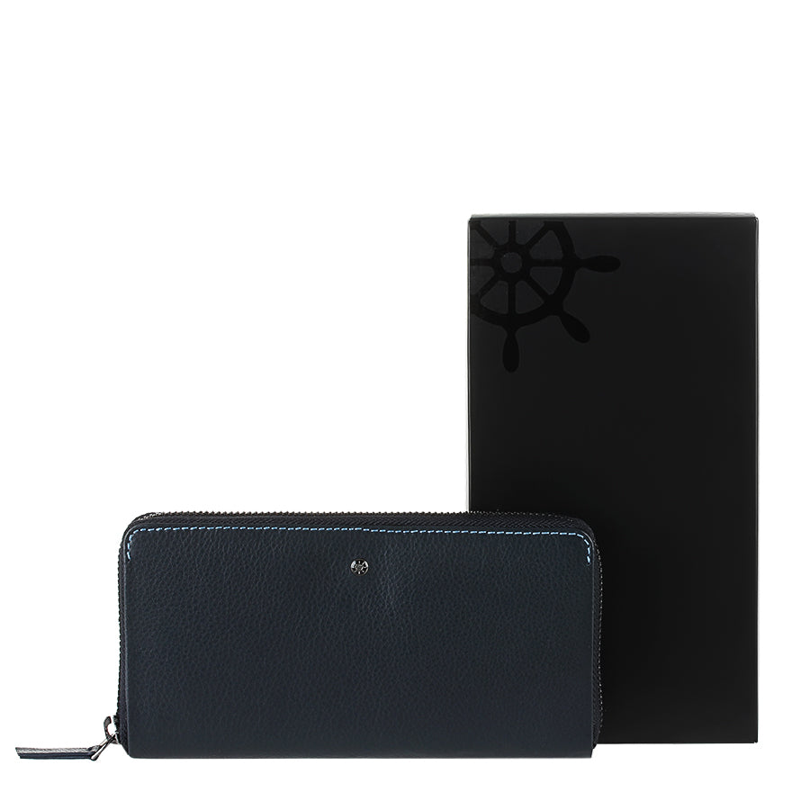 Tony Perotti Timone 11059 navy zip-around wallet with black ship's wheel gift box