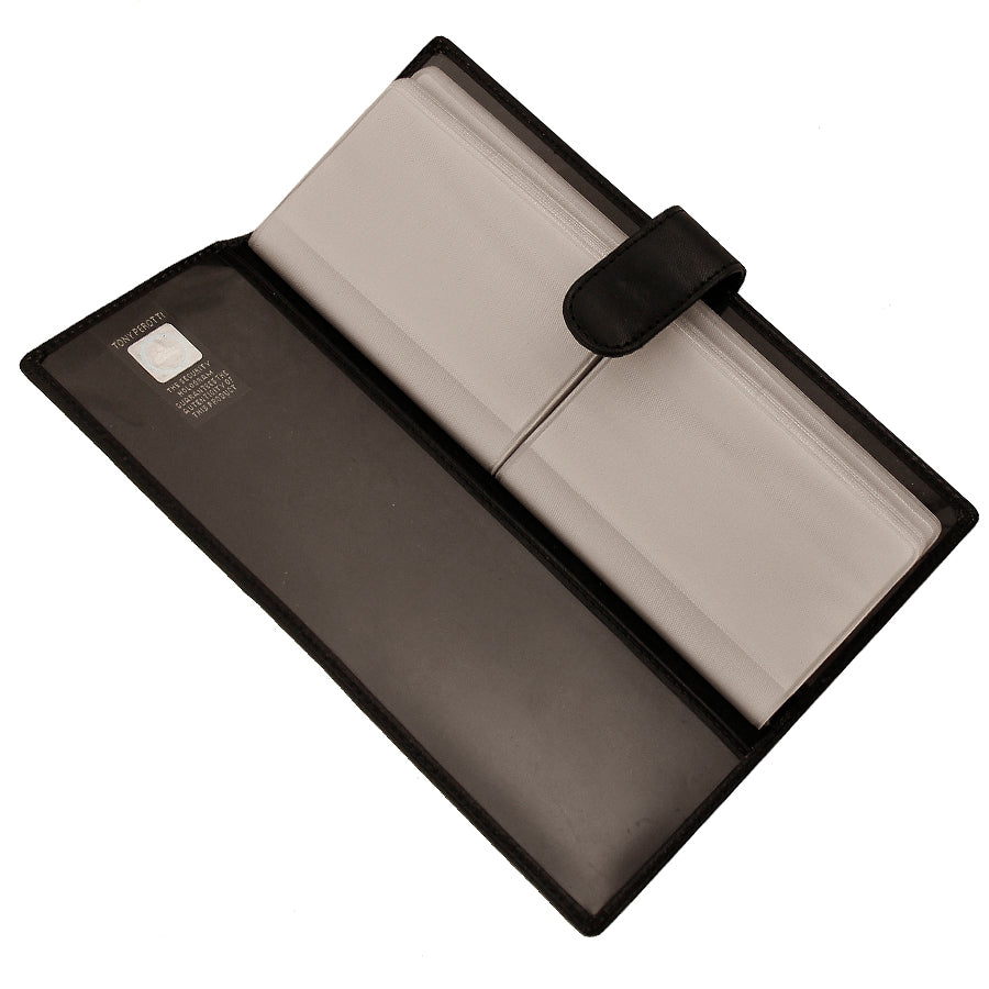 Black leather long business card holder open with clear sleeves — Tony Perotti Italico 2639 nero