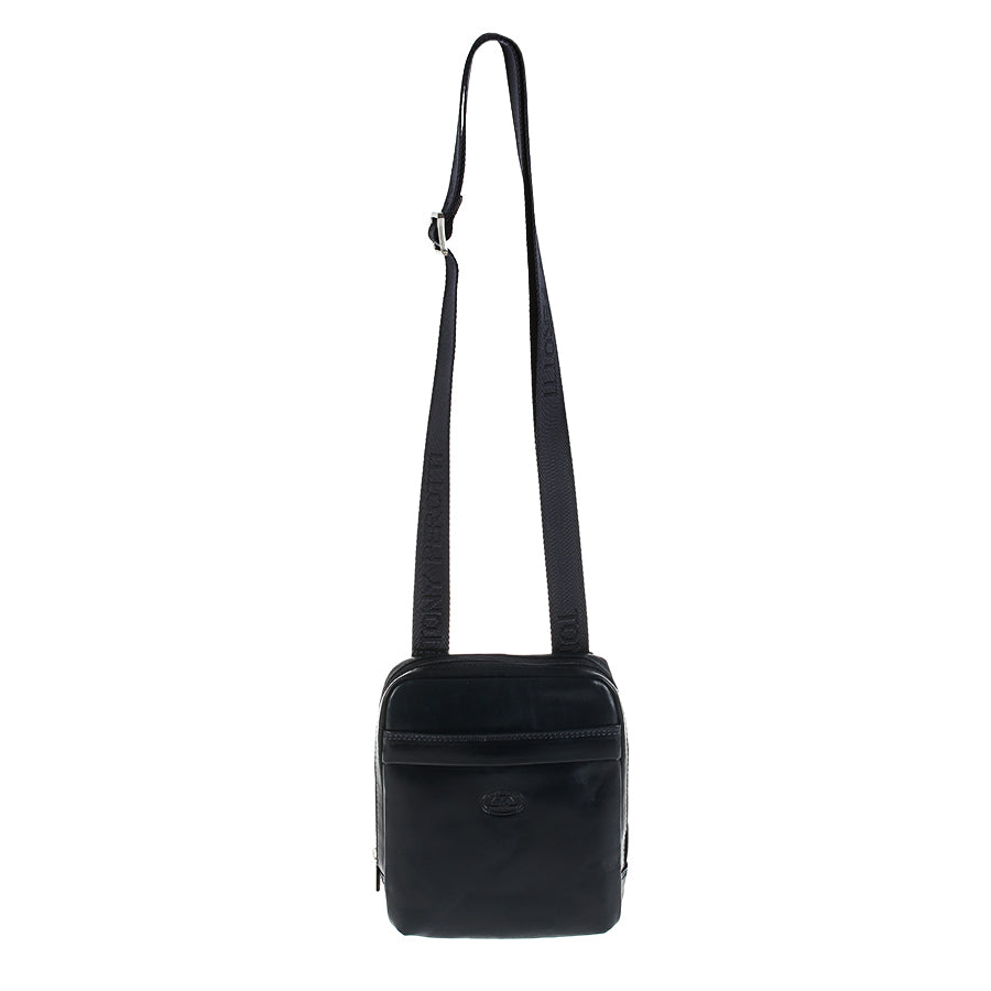 Tony Perotti Italico 6056 navy crossbody bag on the adjustable navy jacquard strap with Tony Perotti lettering