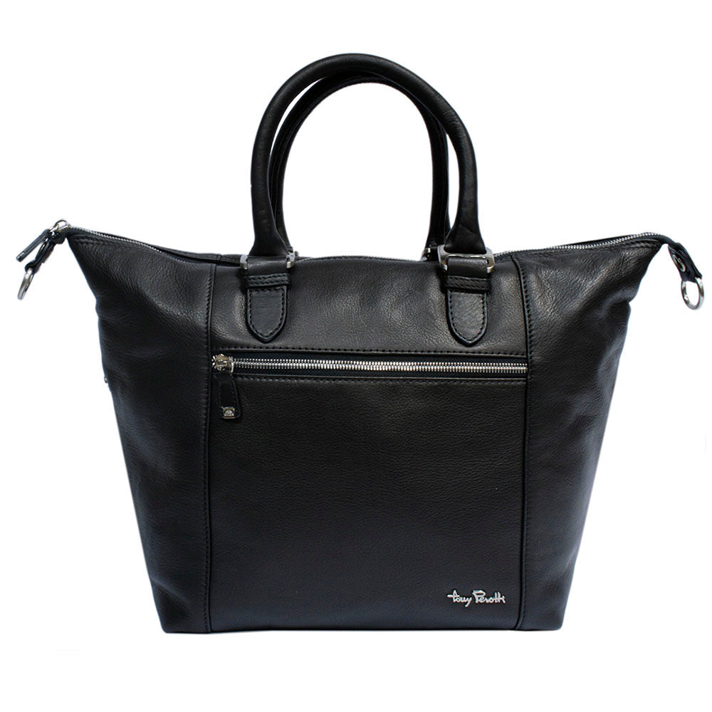 Tony Perotti Contatto 9217-31 nero black leather handbag with the snaps undone — the wide trapeze setting that takes A4, front zip pocket