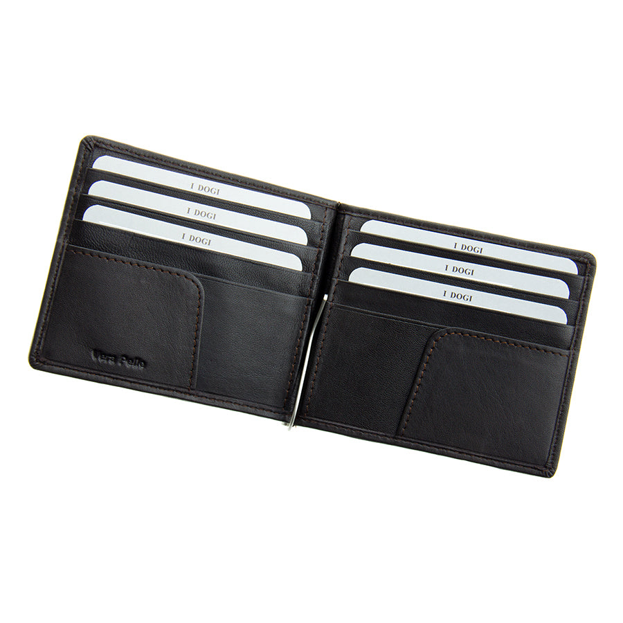 Open dark brown leather money clip wallet with card slots — Tony Perotti Cortina 5000