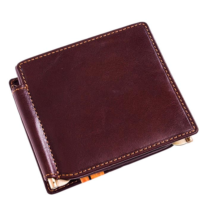 Open dark brown leather wallet with two money clips — Tony Perotti Italico 1717