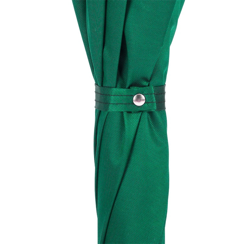 Furled green canopy with fine textured weave and fabric strap with silver-tone snap button