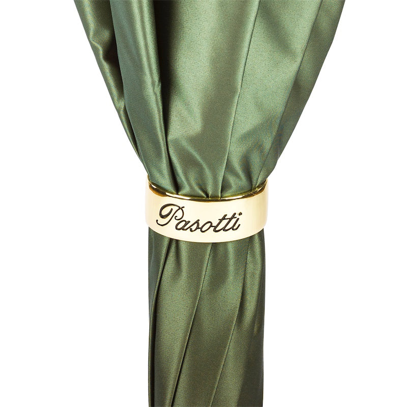 Gold-tone ring with a cream band and the Pasotti name on the furled green canopy