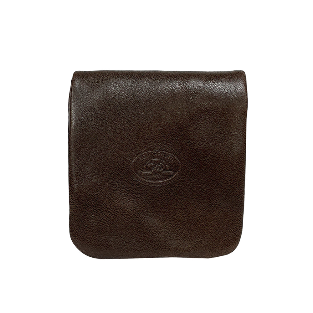 Dark brown leather coin pouch closed, front view with embossed emblem — Tony Perotti Italico 1636 moro