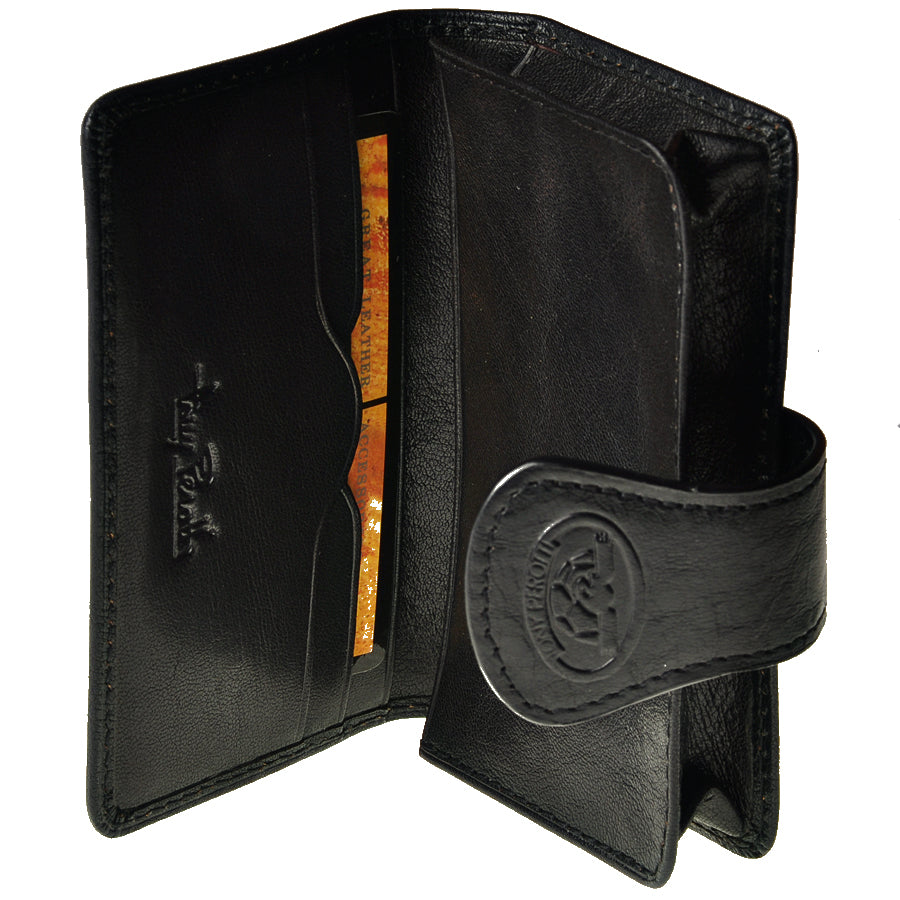 Accademia 1440 nero open — the main compartment, card slots and the embossed Tony Perotti signature inside